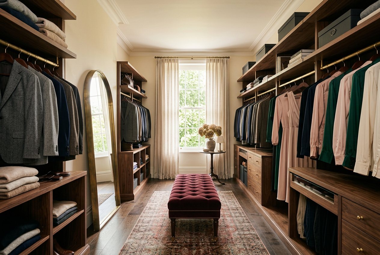 Concept image of a walk-in wardrobe with walnut shelving and a burgundy velvet bench